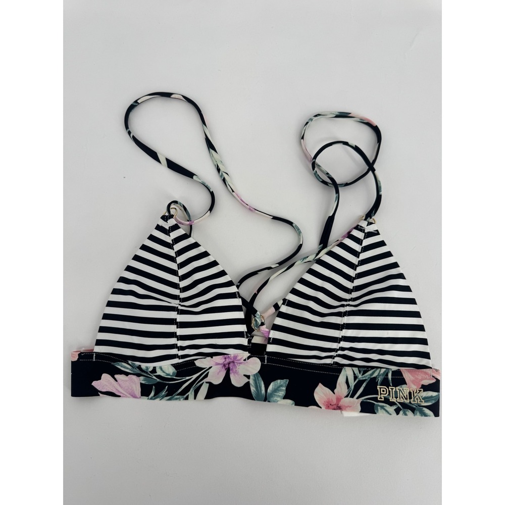 Victoria's Secret PINK Bonded‎ Triangle Bikini Top Striped Floral Black White S